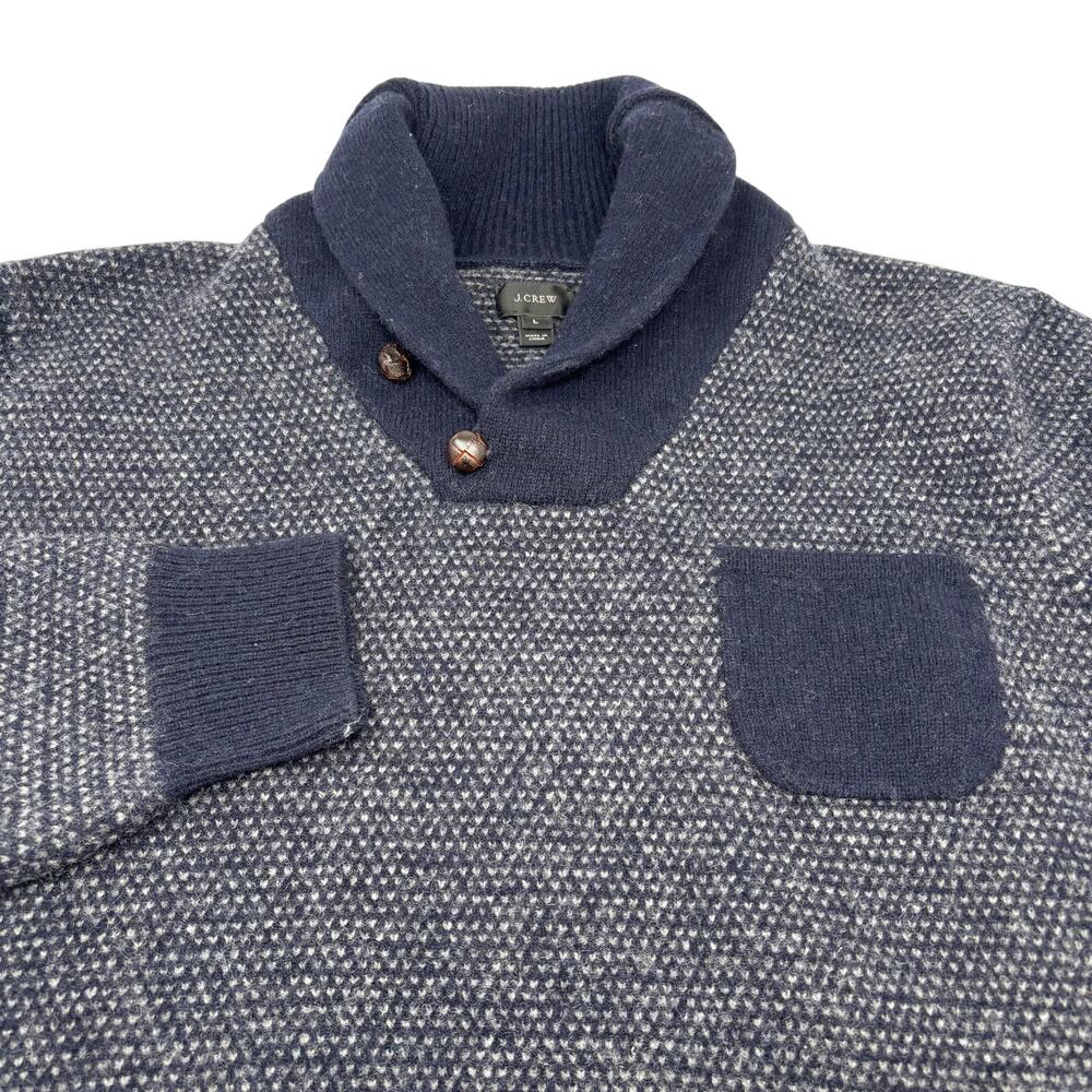 J.Crew Mens Large Blue Shawl Collar Long Sleeve 100% Lambswool Pullover Sweater